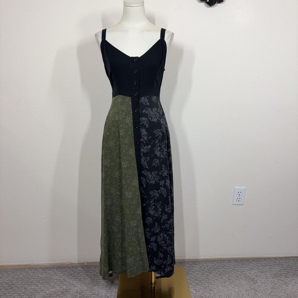 Thorn Fable Dress Womens Small Black Green Fairy Floral Midi Button Boho Pockets